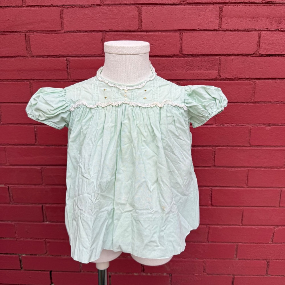 Vtg Baby Girl‎ Pastel Mint Green Embroidered Puff Sleeve Smocked Dress Size 12M